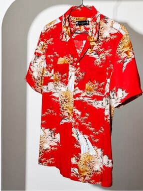 All Saints Indo Red Tiger Print Short-Sleeve Camp Shirt (M)